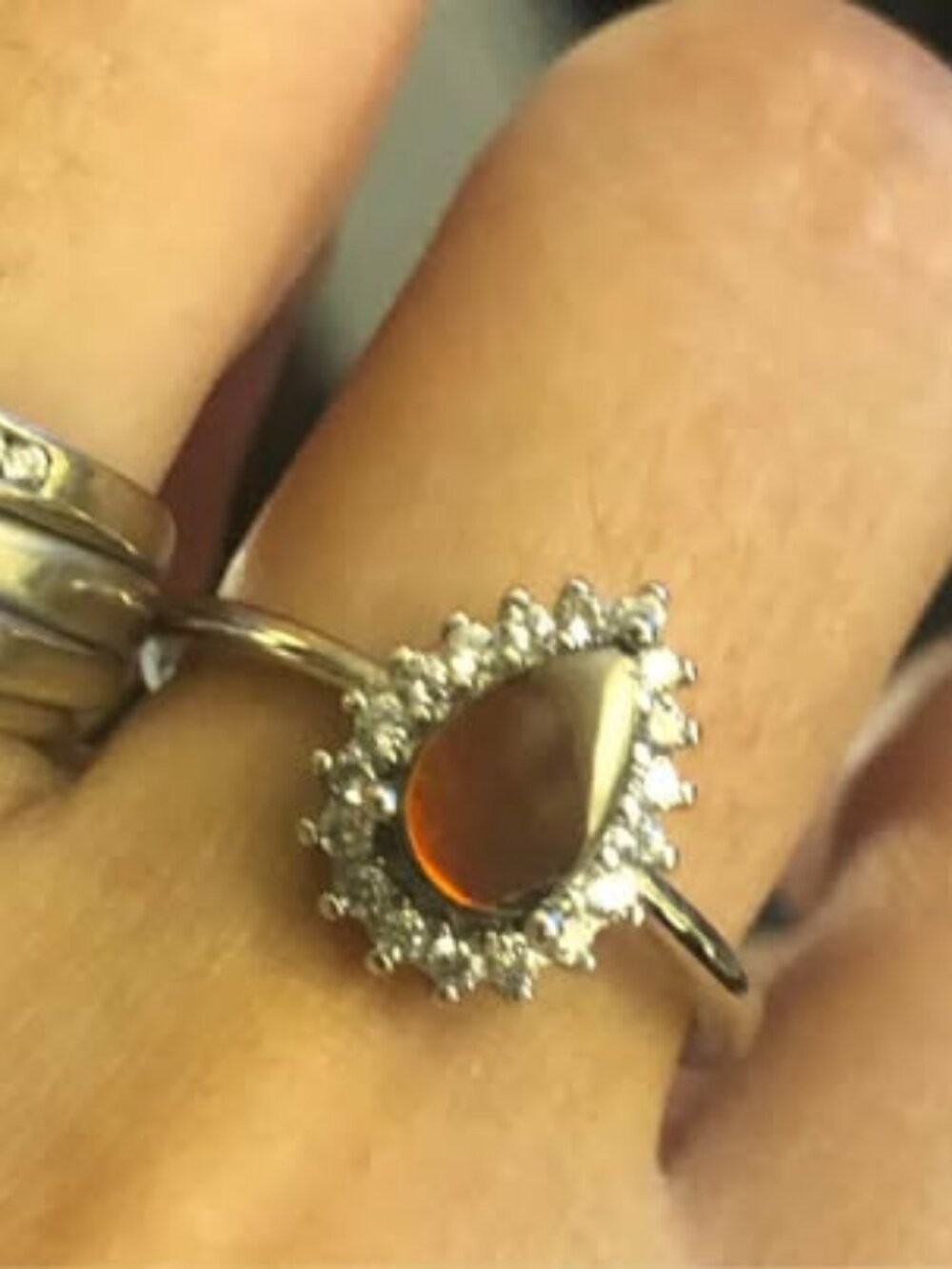 S925 Sterling Silver Pear-Shaped Natural Ammolite Ring with Crystal Halo
